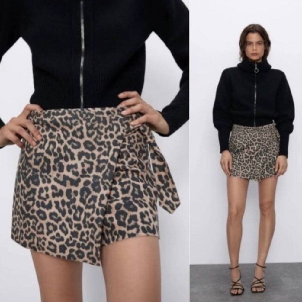 Zara Leopard Print Wrap Skort Skirt XS